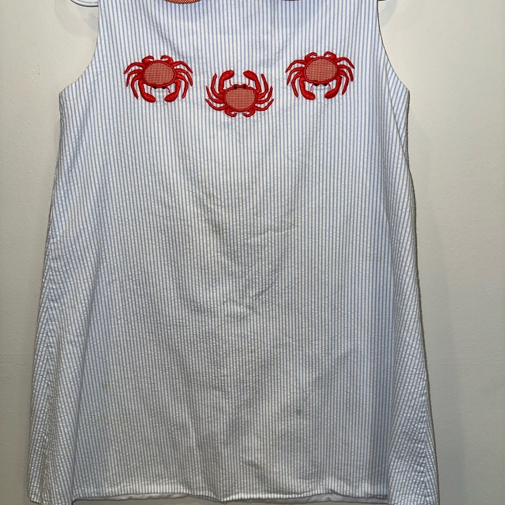 Striped White and Orange Crab Embroidered Kids Dress